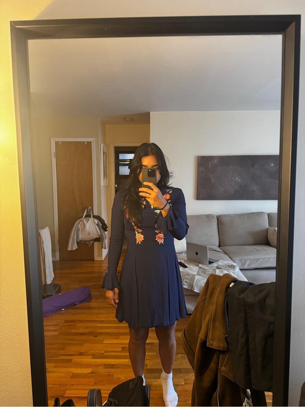 ASOS Navy Embroidered Koi Fish Mini Dress Bell Sleeve Mock Neck Size 8 / US 8